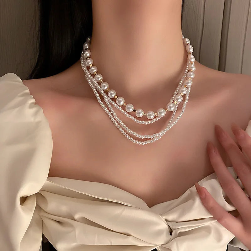 Multilayer Pearl Choker Necklaces for Women Short Geometric Crystal Chokers Necklace