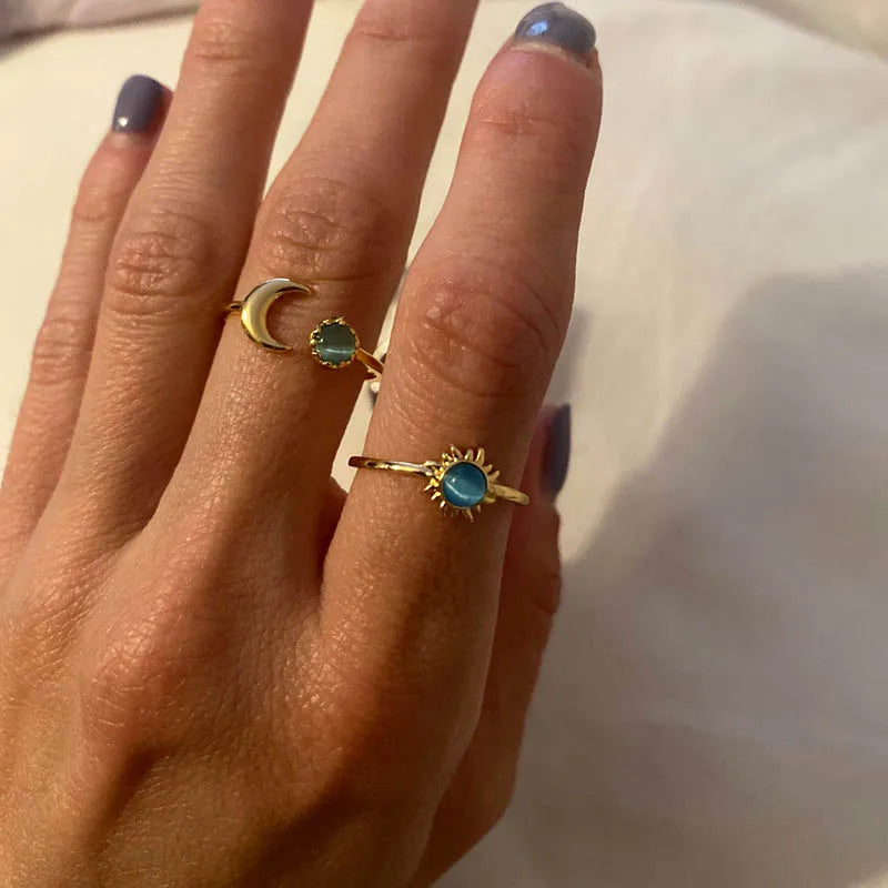 Zircon Moon Star Rings For Women Stainless Steel Glowing Moon Star Adjustable Finger