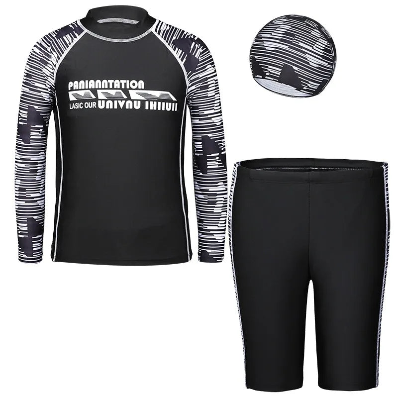 Three-piece Split Swimwear for Boys Teenage Swimsuit Kids Swim Trunks and Caps Long Sleeve Sun Protection Children Swimwear