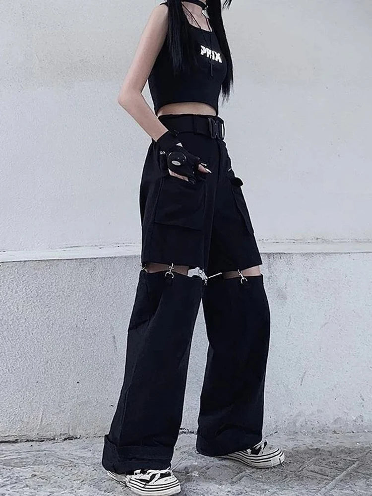 Techwear Gothic Black Cargo Pants Women Streetwear Hollow Out Punk Wide Leg