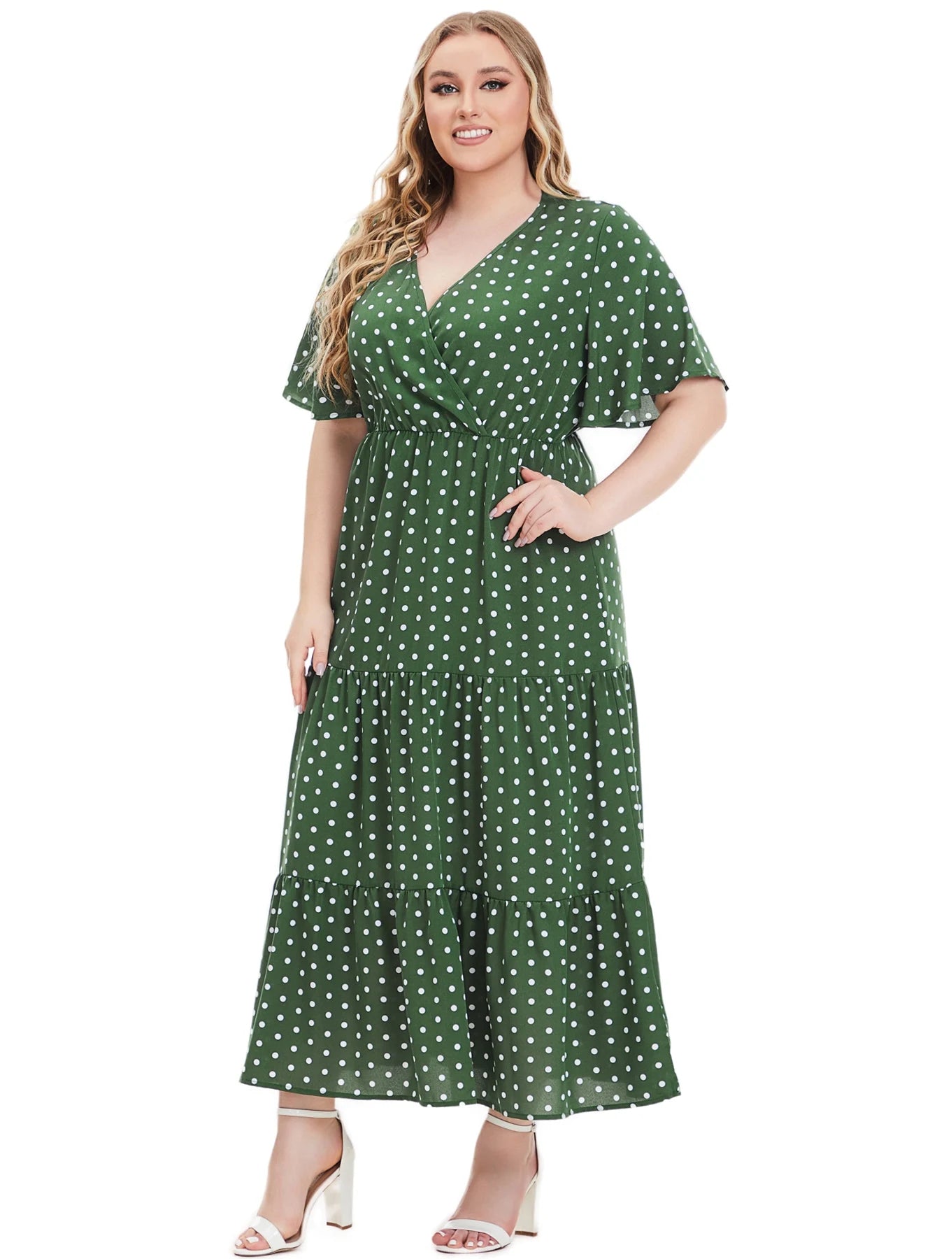 Plus Size Polka Dot Print Surplice Neck Short Sleeve Tee Ruched Bohemian Dresses For Women