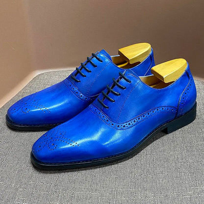 Men's Luxury Brand Shoes Fashion Brogue Formal Black Blue Lace-Up Wedding Office Dress Genuine Leather Oxford Shoes for Man