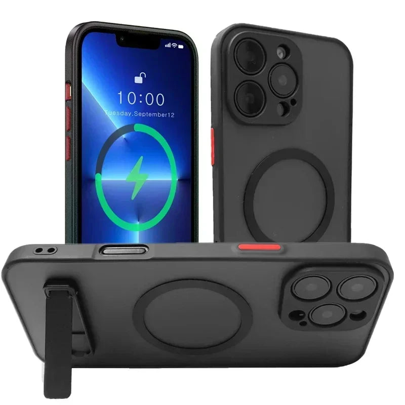 UYUXIO Magnetic Phone Case with Metal Kickstand for iPhone 17 16 Pro Max 15 14 Plus 13 12 Mini Stand Cases Cover with Holder