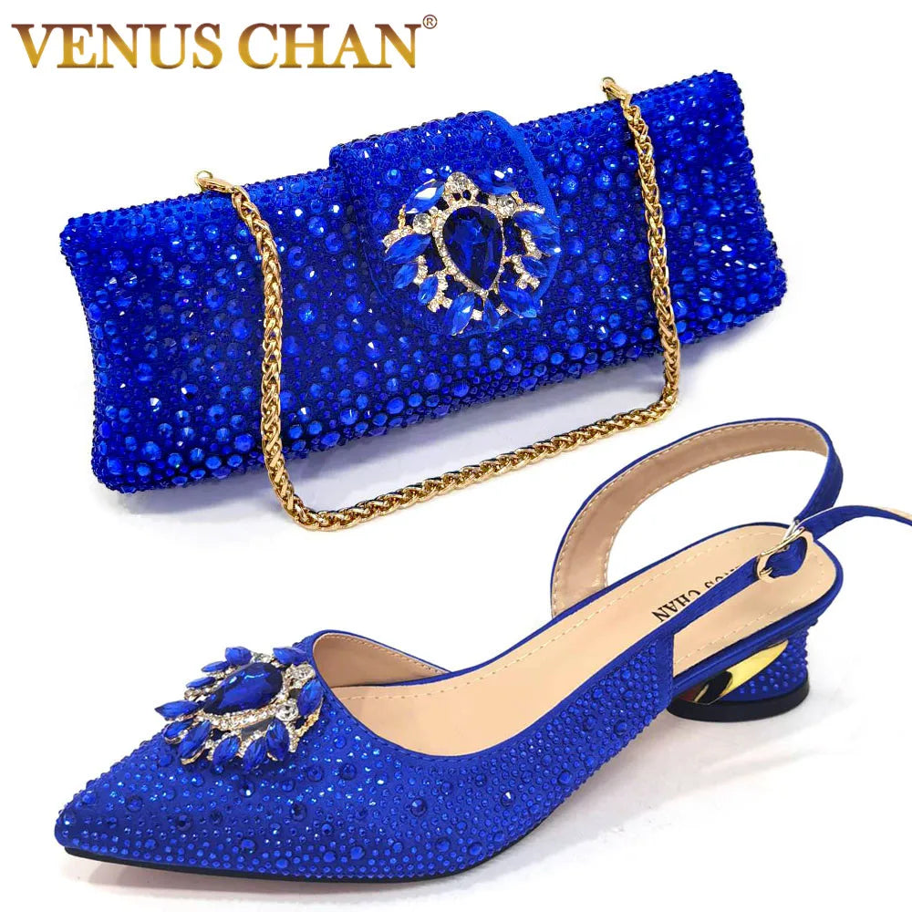 New Arrival Fashion Shoes Matching Bag Set Royal Blue Color Decorated with Crystal Ladies Wedding Party Women High Heel