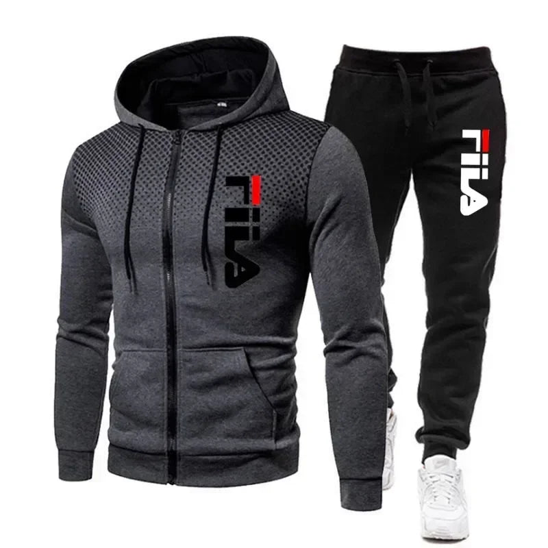 New men's casual jogging fitness sportswear set with zipper hooded jacket and pants set
