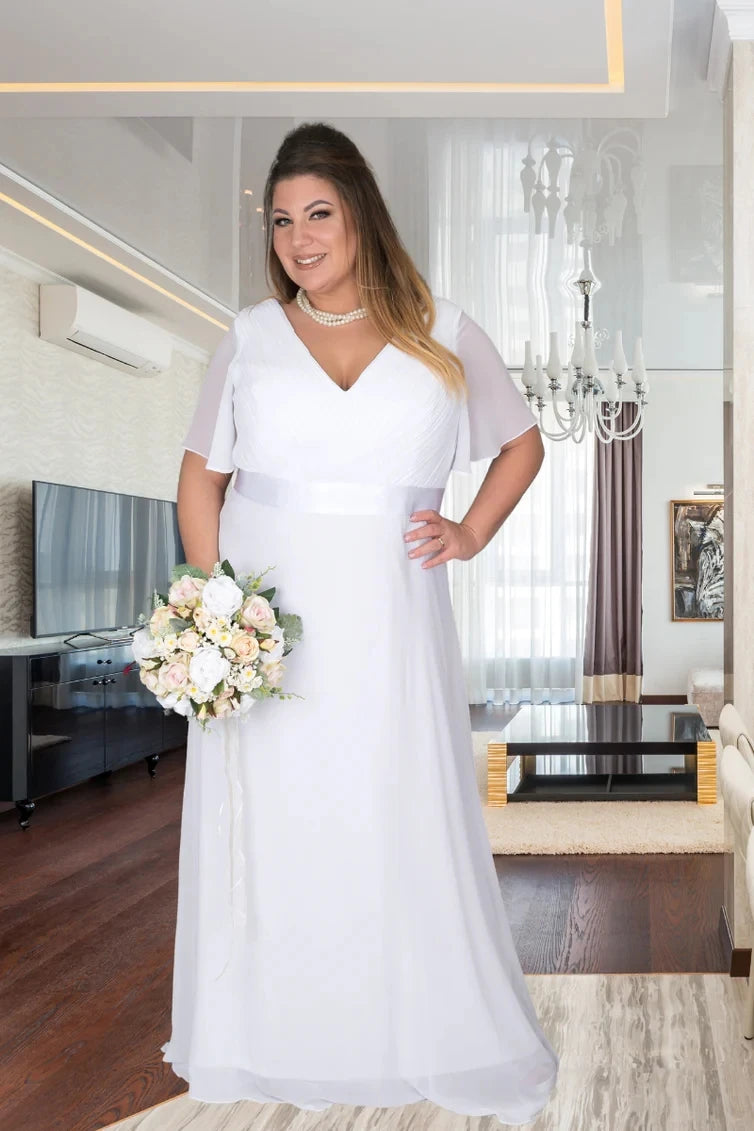 Chiffon Dresses For Prom Dress In Pristine Floor-length Short Sleeves White V-neckline And Sweeping A-line Skirt Zip-up Back