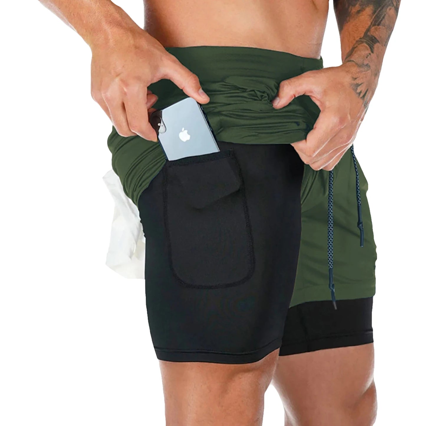 Men's Double Layer Fitness Shorts Drawstring Mesh Lining Elastic Waist Breathable Quick Dry to Beach Pool Summer Male