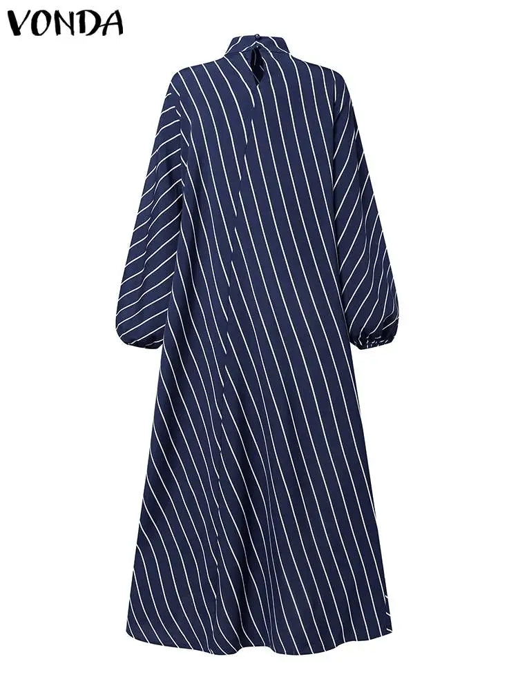 Plus Size 5XL VONDA Elegant Striped Maxi Dress Women High Neck Elegant Long Sundress Long Puff Sleeve Printed Vestidos