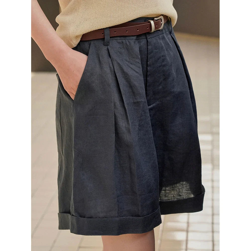 Summer Korea Style Lazy Linen Curled Bermuda Shorts Wide Leg Loose Slim Casual Hot Pants For Women