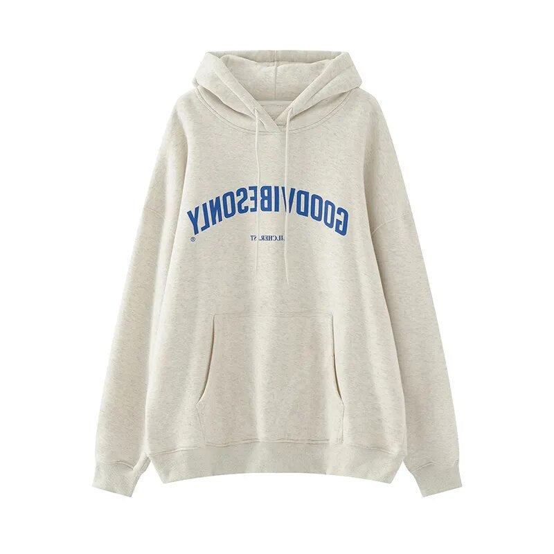 Womens Clothing Grey Vintage Street Sweatshirt Hoodie Letter Printing Long Sleeves Coats