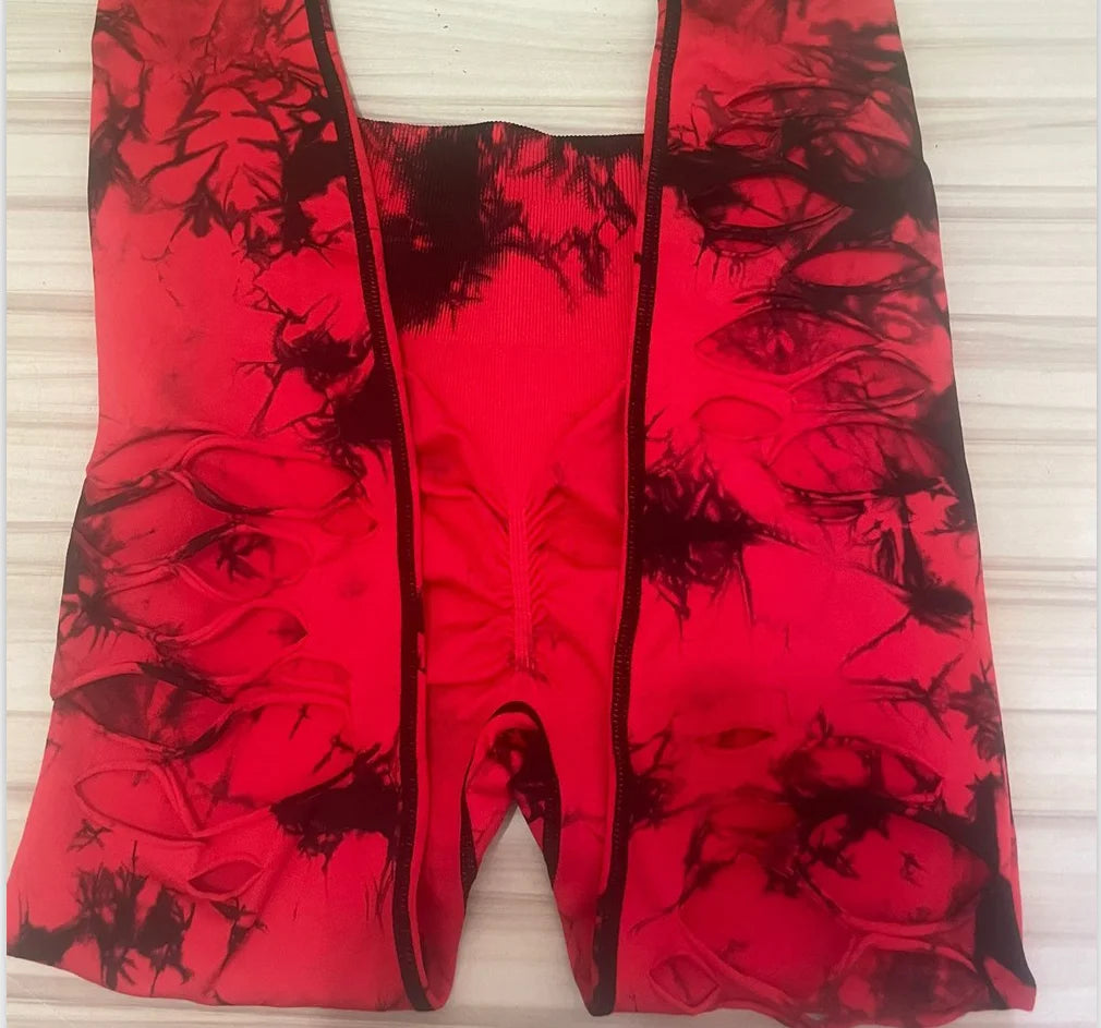 Women Tie Dye Hollow Out Leggings Sports Pants Fitness Sportswear Sexy High Waisted