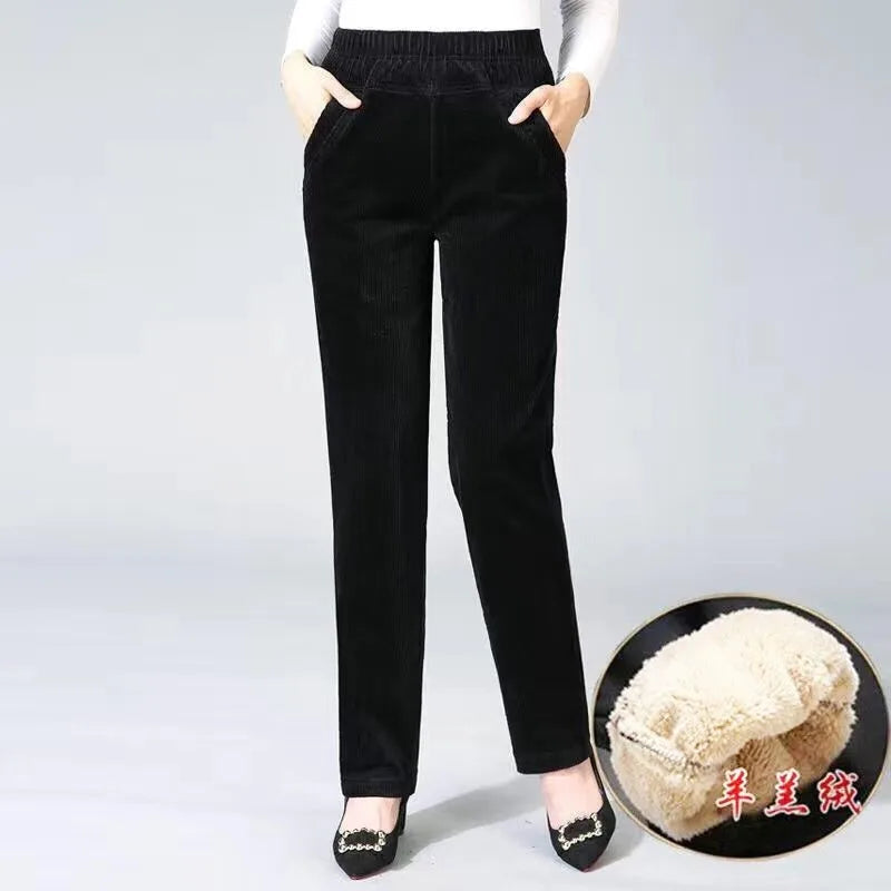 Plush Thick Casual Pants Fleece Pencil Pants Women's Corduroy Warm High Waist Pants