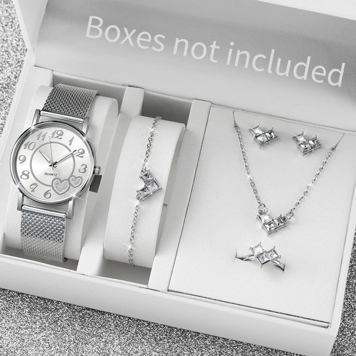 6PCS/Set Fashion Heart Dial Women Watches Plastic Band Quartz Watch Rhinestone Heart Jewelry Set（Without Box）