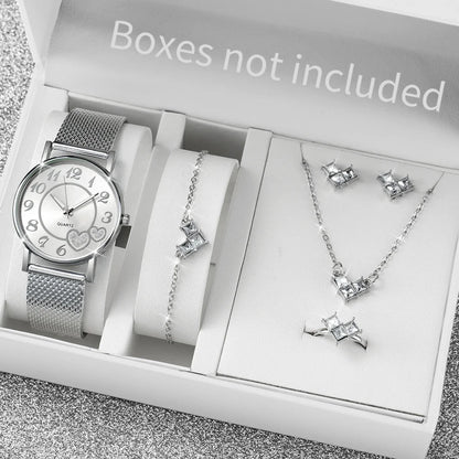 6PCS/Set Fashion Heart Dial Women Watches Plastic Band Quartz Watch Rhinestone Heart Jewelry Set（Without Box）