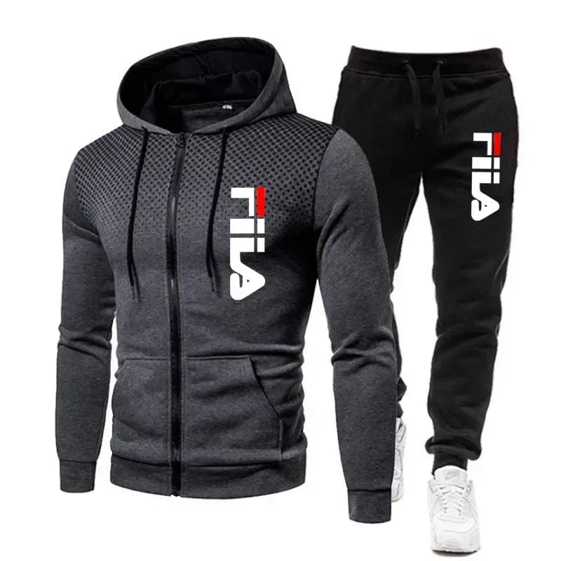 New men's casual jogging fitness sportswear set with zipper hooded jacket and pants set