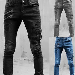 Men Slim Biker Ripped Long Denim Trousers Skinny Jeans Pocket Side Straps