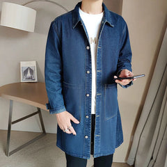 Mid-length Denim Windbreaker Jacket Men Spring Autumn Casual Trench Coat