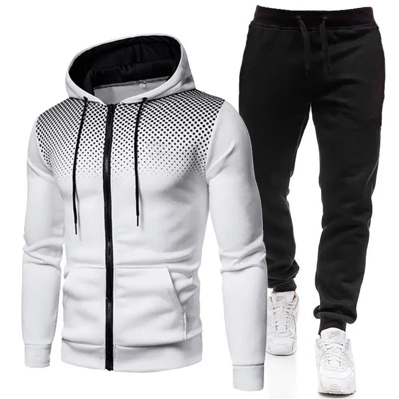 Autumn Winter Mens Tracksuit Jogging Sweatpants 2 Piece Set Sport Zipper Jacket+Running Trousers Suit Casual Printing Clothing