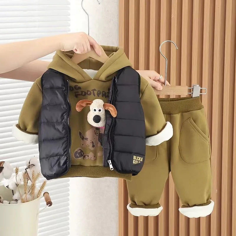 Boys and Girls Thickened Suit Winter Children's Velvet Vest Hoodies Pants Three-piece Set Hooded Clothes Winter Fashion