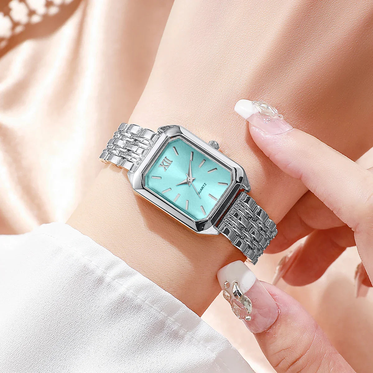 2PCS Fashion Rectangle Women Quartz Watch Rhinestone Bracelet Set Ladies Roma Dial Wristwatch Reloj Mujer Girls Clock Gift