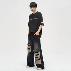 Men's Ripped Black Jeans Harajuku Wide Leg Pants Denim Baggy Y2K Cargo Pants