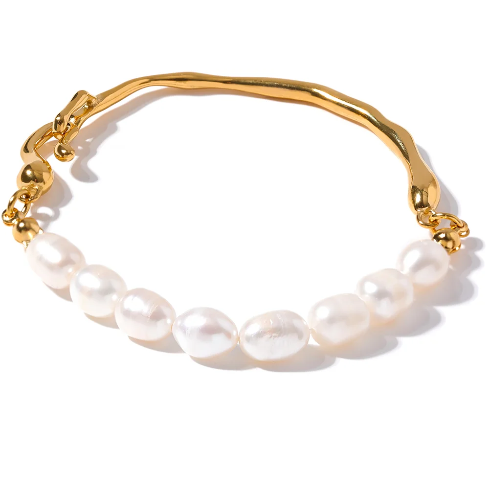 Yhpup Luxury Natural Freshwater Pearls Stainless Steel 18k Gold Color Bracelet Bangle Temperament Fashion Jewelry Women New Gift