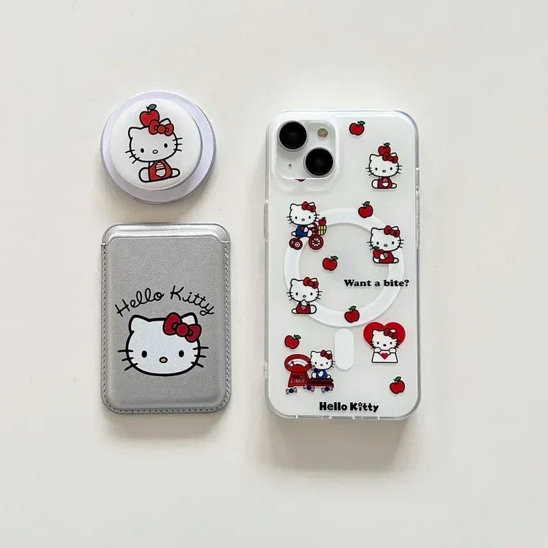 Cute Sanrio Hello Kitty Magnetic Card Wallet Holder Magsafe Wireless Charge Phone Case For iPhone 17 16 15 14 13 Pro Max Cover