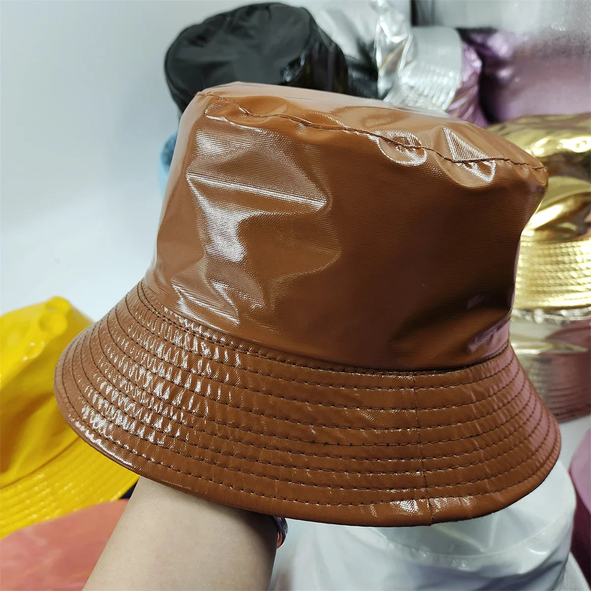 Colorful Shiny Leather Two Sided Fisherman Hat Women's and Men's Hip Hop Summer Sunshade Hat Foldable Bucket Hat