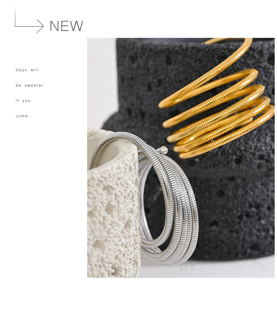 Yhpup Stainless Steel Stackable Multi-Layer Wrap Arm Bracelet Bangle Metal Elastic Waterproof Fashion Unisex Jewelry Men Women