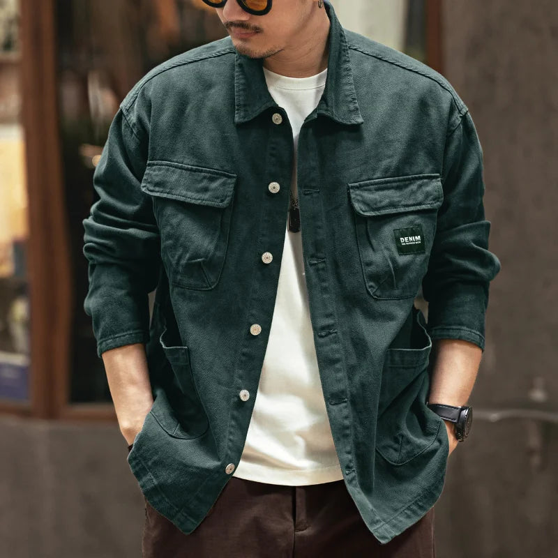 men's spring and fall American heavy retro denim jacket loose casual cargo jacket