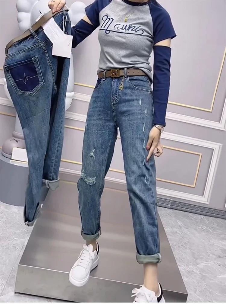 Y2k Large Size Ripped Jeans Women's Summer Thin Model Harun Pants Fat