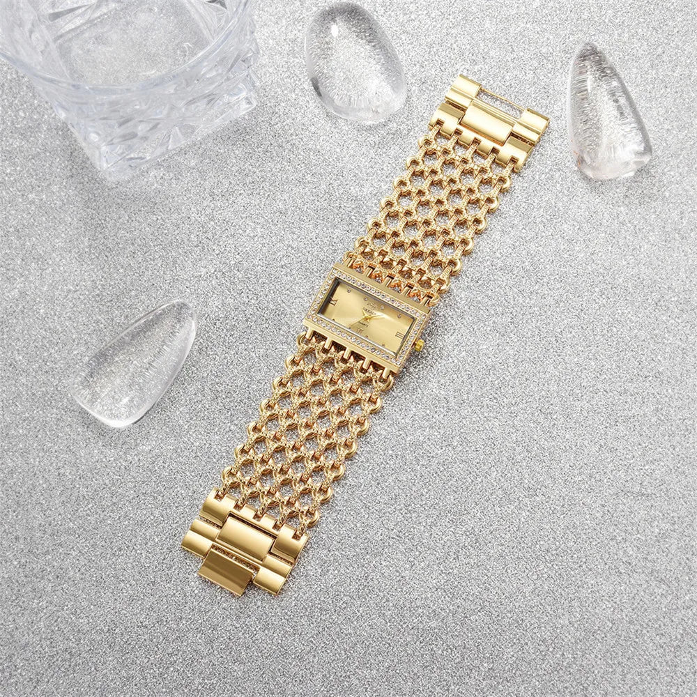 Luxury Ladies Simple Diamond Set Square Bracelet Quartz Watches Fashion Gold Stainless Steel Skeleton Women Clock Dress Watch