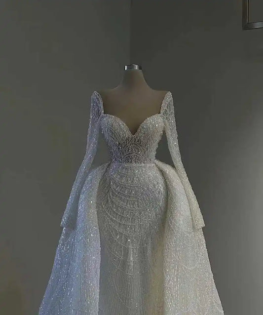 White Bridesmaid Dresses: Wedding Dresses With Detachable Train Long Sleeves
