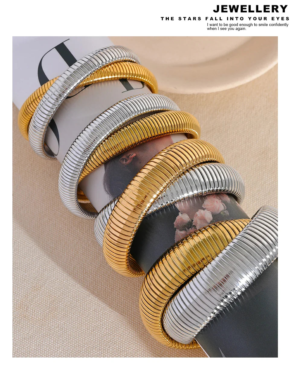 Yhpup Waterproof Stainless Steel Elastic Thick Metal Punk Bracelet Bangle 18K Gold Plated Fashion Women Trendy Jewelry Bijoux