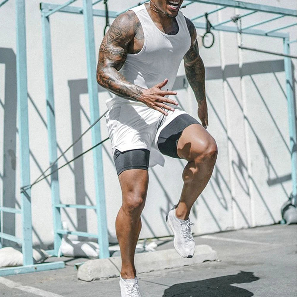 Men Anime Double Layer Shorts Gym Workout Printed Sports Multi-performance Training Quick-drying Jogging Pants Towel Pants M-3xl