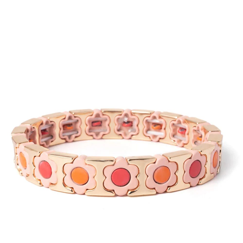 New Design Colorful Flower Charms Bangle For Women Handmade Bohemian Elastic Flower Bracelets Metal Beads Jewelry