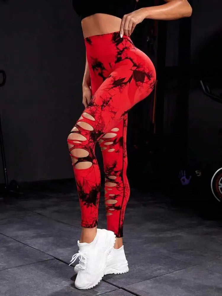 Women Tie Dye Hollow Out Leggings Sports Pants Fitness Sportswear Sexy High Waisted