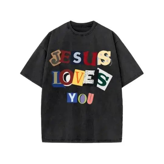 Men's T-shirt Jesus washed short-sleeved oversize T-shirt streetwear printed retro T-shirt suitable for both men and women