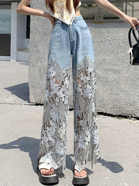 Fashion Elegant Jeans for Women High Waist Lace Patchworl Hollow Out Irregular