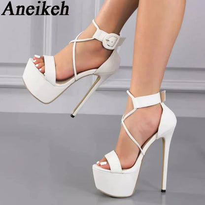Aneikeh 2023 Sexy High Heel Women Shoes Open Toe PU Solid Ankle Buckle Strap Platform Sandals Ladies Nightclub Party Dress Pumps