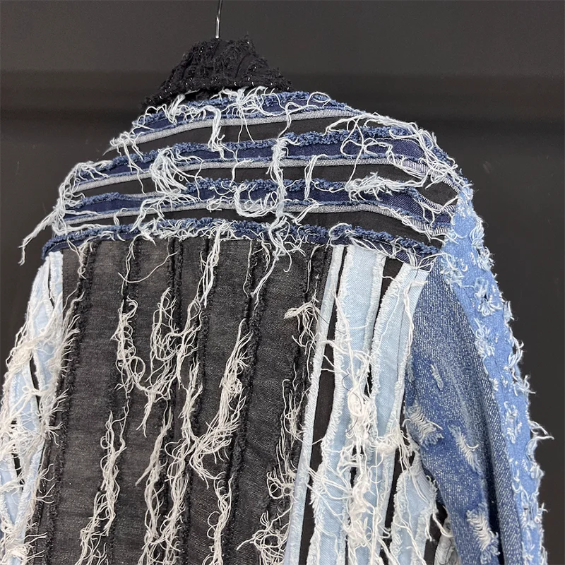 Jackets For Men Long Sleeve Patchwork Tassels Loose Single Breasted Denim Coat