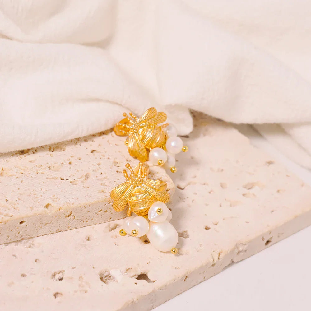 Bee And  With Natural Pearls Pearl Earrings 18K Gold Plated Jewelry Korean Designer Jewelry Earrings Gifts For Girlfriend