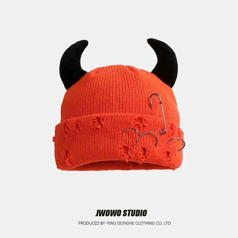 Unisex Knitted Beanie With Devil Horns Halloween Distressed Skull Cap Hip Hop Winter Warm Yarn Hat For Men Women