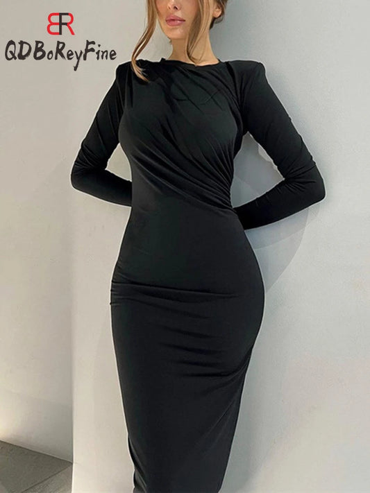 Dress for Women in Elegant Long Sleeve Solid Robe Vestidos Fashion Evening Maxi Dress