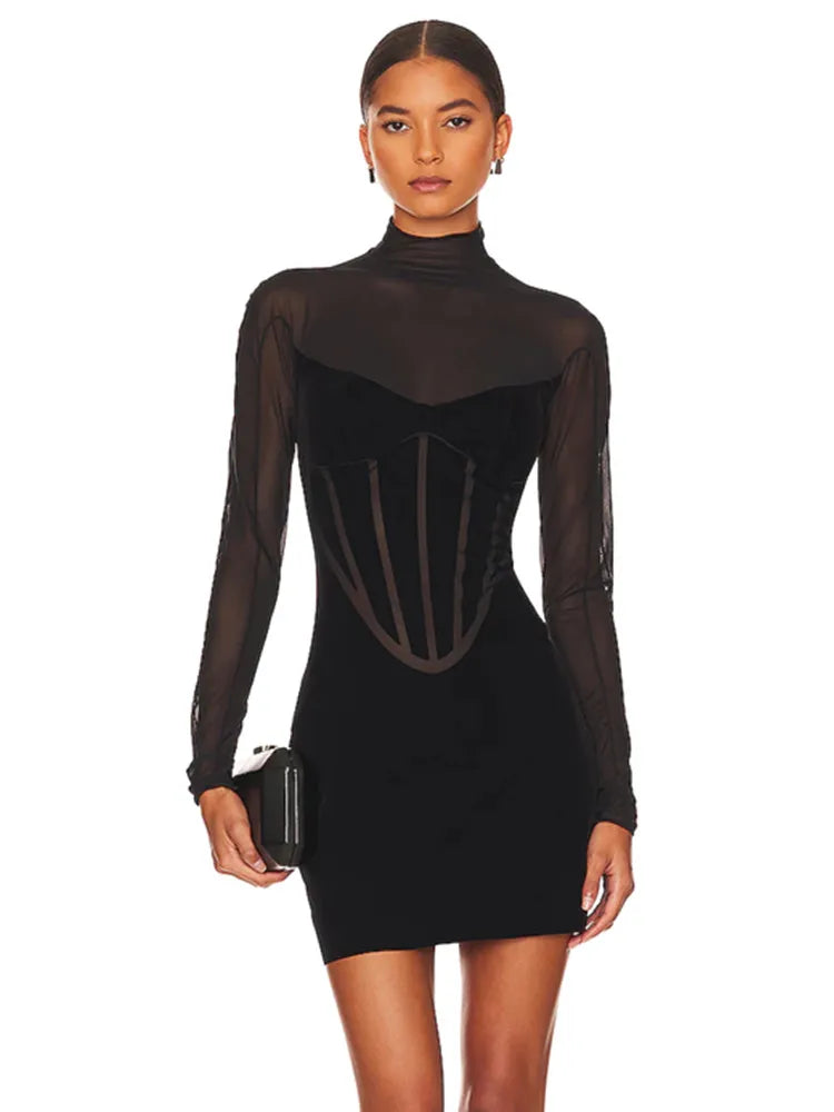 Formal attire Dresses: Long Sleeve Mesh Black Mini Bodycon Bandage Dress