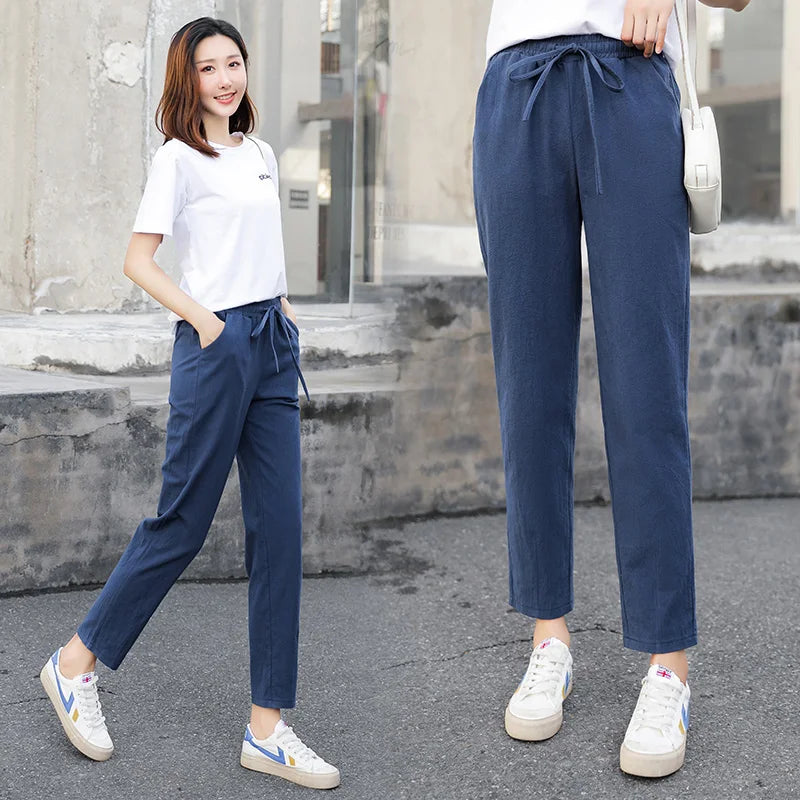 Womens Spring Summer Pants Cotton Linen Solid Elastic waist Candy Colors Harem Trousers