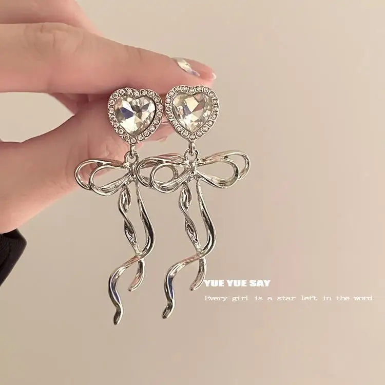 Kiss Jewelry Sweet Heart Rhinestone Butterfly Shape Dangle Earrings for Women Silver Color Korean Fashion Y2K Piercing Earring