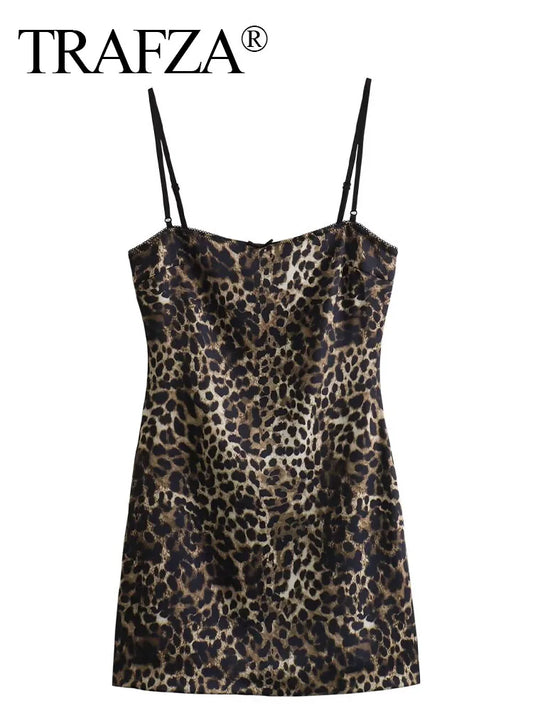 Elegant Leopard Print Sling Dress Casual Woman Fashion Party Backless Short  Dresses