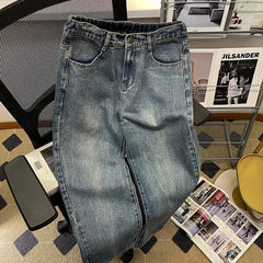 Men Baggy Jeans Korean Fashion Elastic Waist Classic Style Denim Ankle-Length Pants