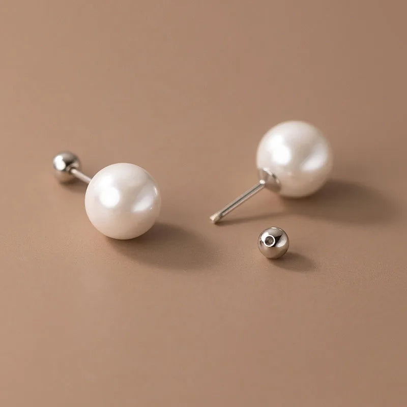 INZATT Real 925 Sterling Silver Geometric Round Bead 6/8/10/12mm Pearl Stud Earrings For Women TRENDY Fine Jewelry Accessories